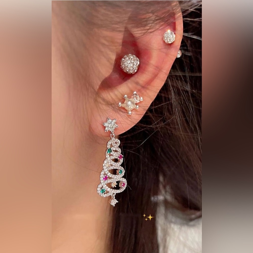 Festive Silver Pave Rhinestone Christmas Tree Earrings - Picture 3 of 4